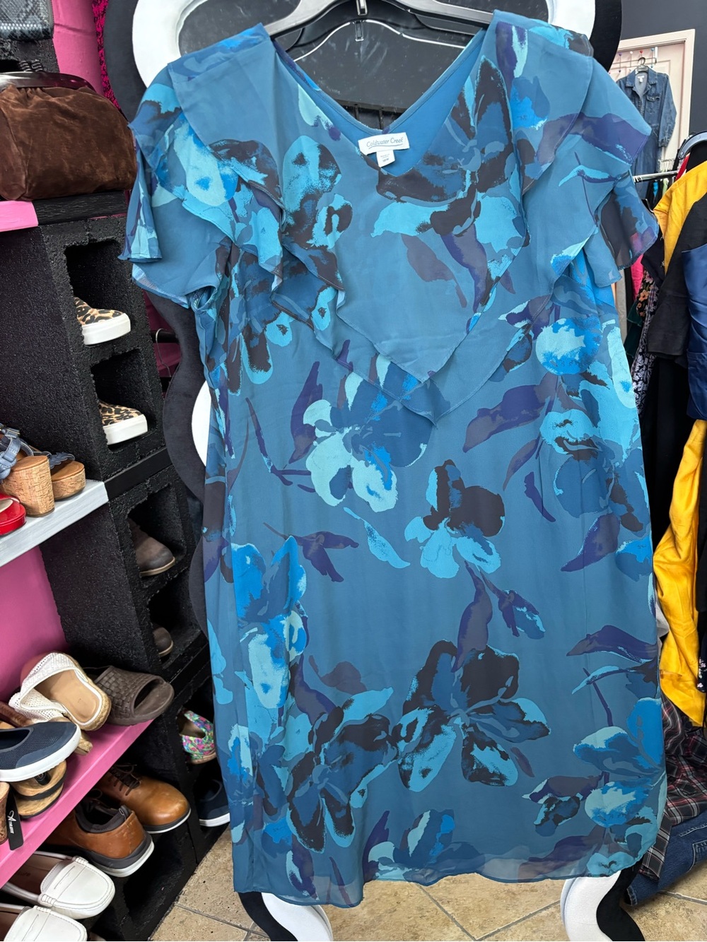 Coldwater Creek Teal & Blue Floral Ruffle Midi Dress